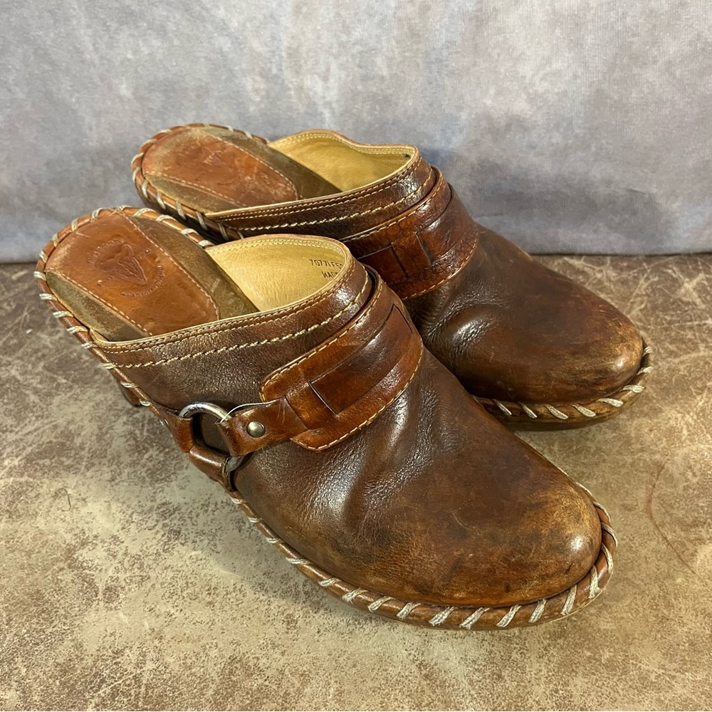 Frye Leather Clogs Women 7M Brown Harness Whipstitch Block Heel Mules 70771